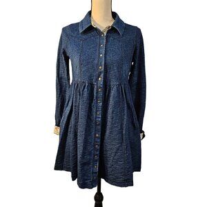 Free People Womans Size Small Indigo Knit Babydoll Shirtdress Snap Chambray